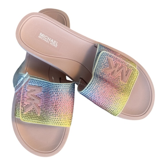 Michael Kors Pink and Yellow Sandals Iridescent Slides NWOT - Picture 1 of 4
